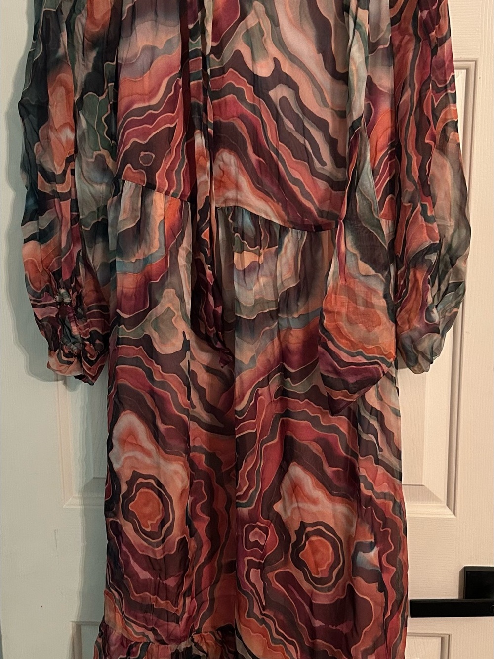 Marie Oliver Marbled Long Sleeve Midi Dress in Rust, Burgundy & Teal